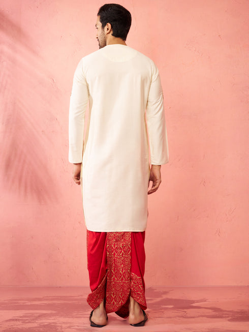 Men's Cream Zardozi Kurta Red Dhoti Set
